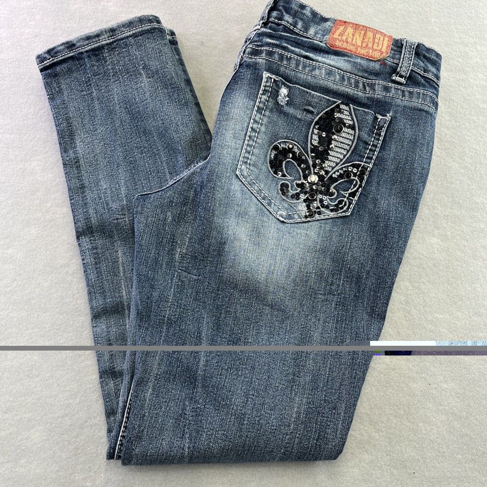 Zana di Jeans Womens 15 / 16 Denim Slim Straight Y2K Low Rise Black Fleur De Lis